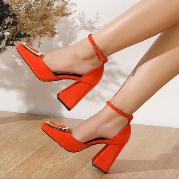 Orange Suedette Embellished Ankle Strap Block Heel Square Toe Pumps Shoes - Picture 1 of 5